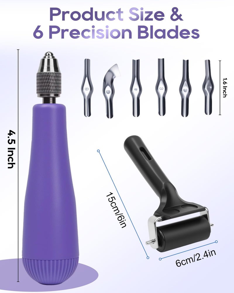 UCEC Linocut Carving Tools Linoleum Cutter for Block Printing Supplies Linocut Tools for DIY Sculpture Carving tools & Beginners 6 Blades Universal Size Purple With A Brayer Roller(2.4 Inch) - Image 2